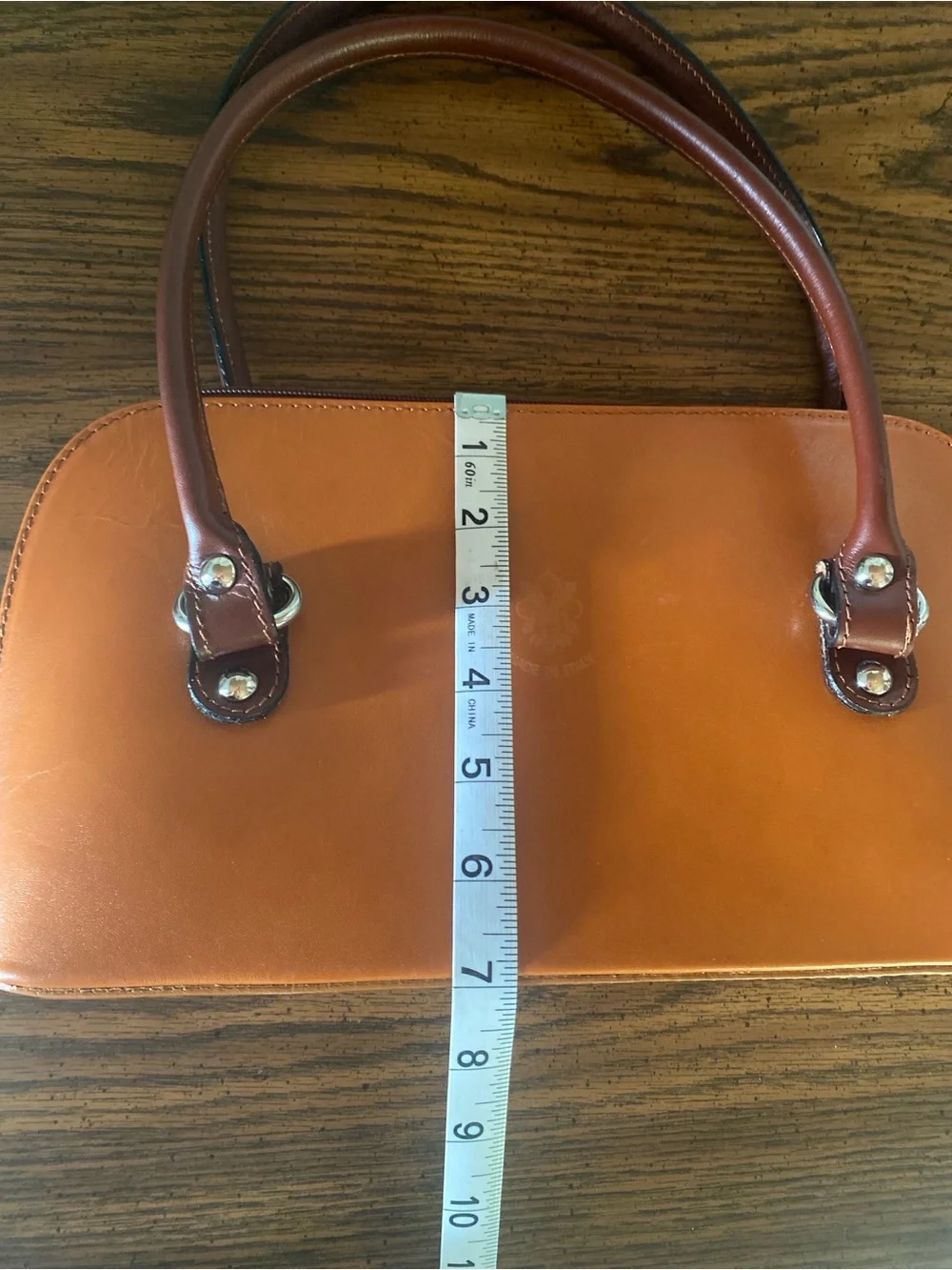 VTG Italian Cognac Leather Structured Satchel Handbag Fleur De Lis Made In Italy